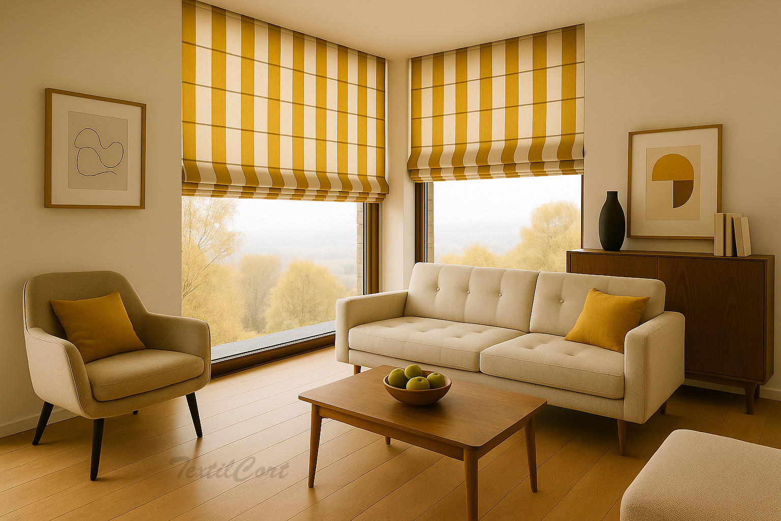 Estores Plegables Listados Ocre Blanco Textilcort