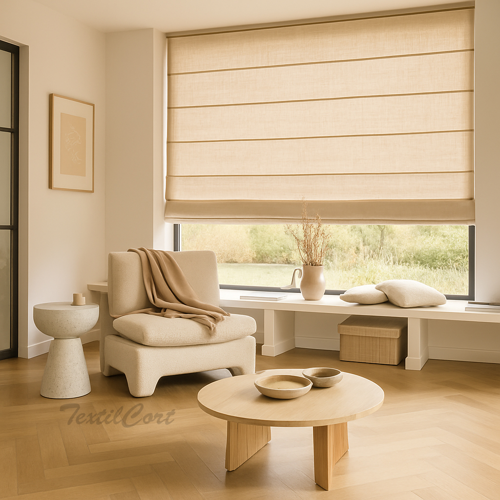 Estor beige lino translúcido en salón neutro minimalista Salón moderno neutro con estor paqueto translúcido en color beige lino claro