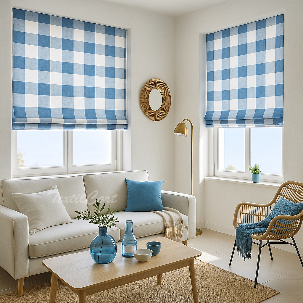 Estor de cuadros azul y blanco en salón mediterráneo fresco Salón mediterráneo con estor paqueto de cuadros azul y blanco en las ventanas