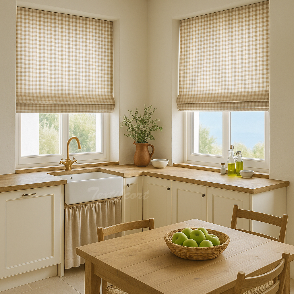 Estor de cuadros vichy beige y blanco en cocina campestre Cocina campestre con estor paqueto de cuadros vichy beige y blanco en las ventanas