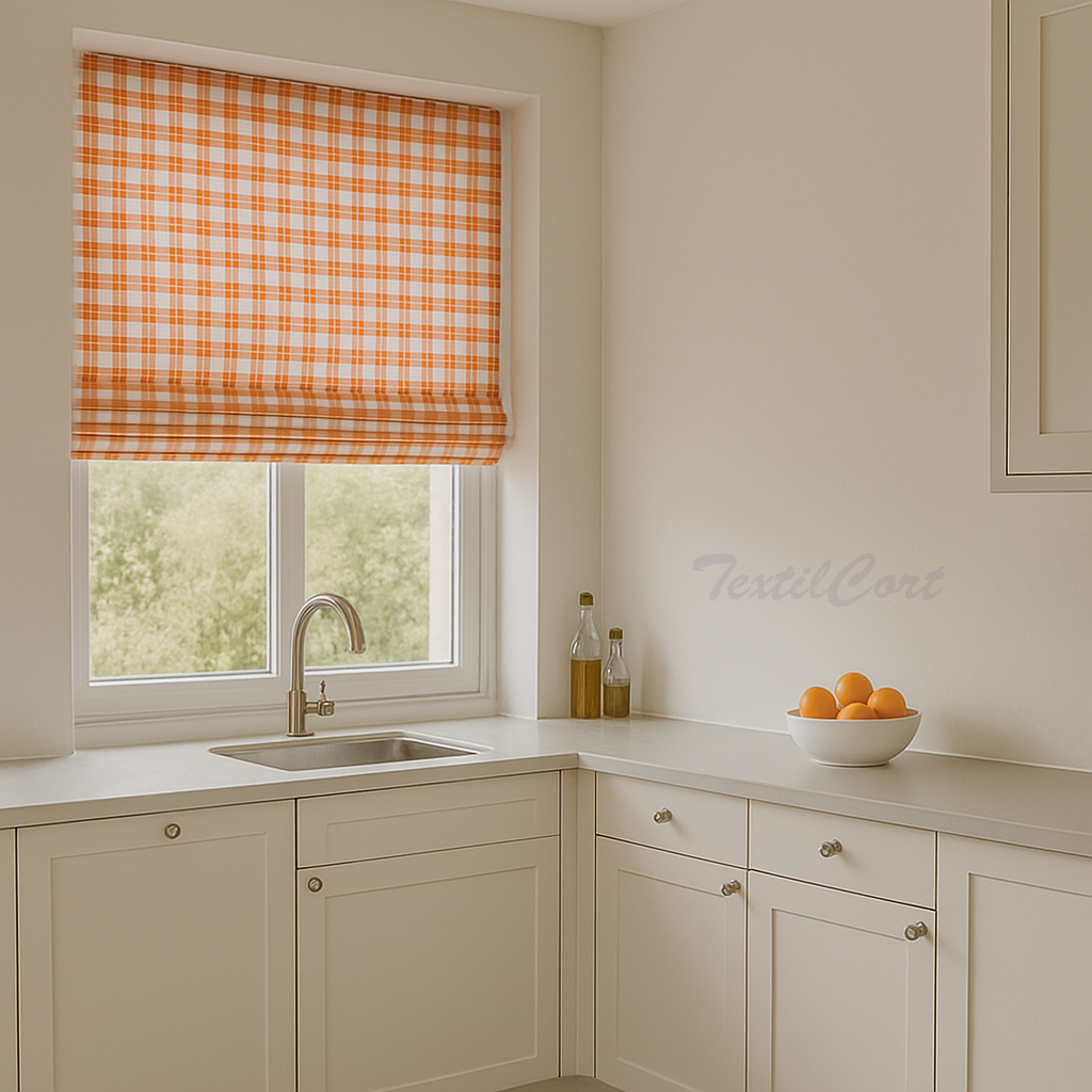 Estor de cuadros vichy naranja y blanco en cocina moderna Cocina moderna con estor paqueto de cuadros vichy naranja y blanco en ventana grande
