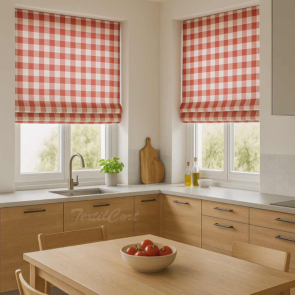 Estor de cuadros vichy rojo y blanco en cocina moderna Cocina moderna con estor paqueto de cuadros vichy rojo y blanco en las ventanas