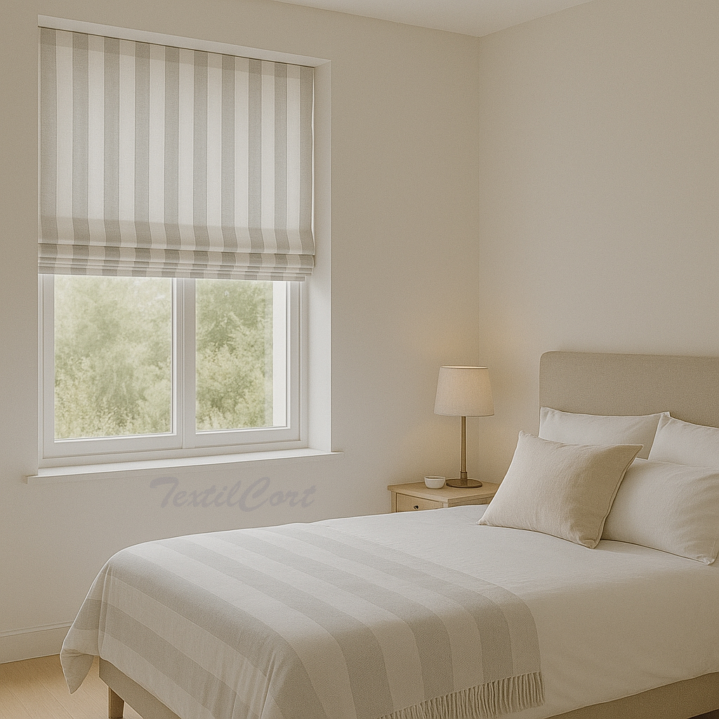 Estor listado vertical gris y blanco en dormitorio principal Dormitorio principal con estor paqueto listado vertical gris y blanco y decoración moderna nórdica