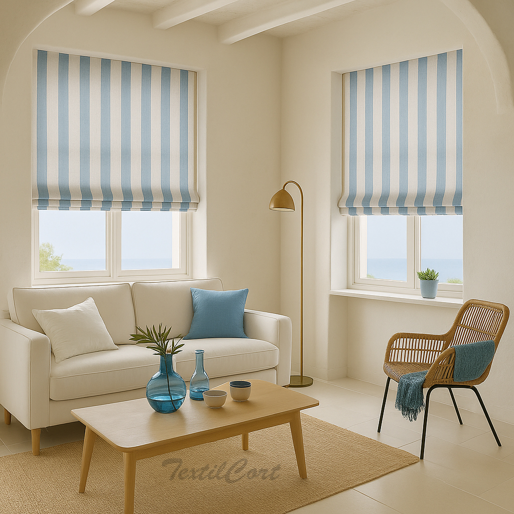 Estores listados azul mar en salón estilo ibicenco Salón mediterráneo ibicenco con estores paqueto listados azul mar y blanco
