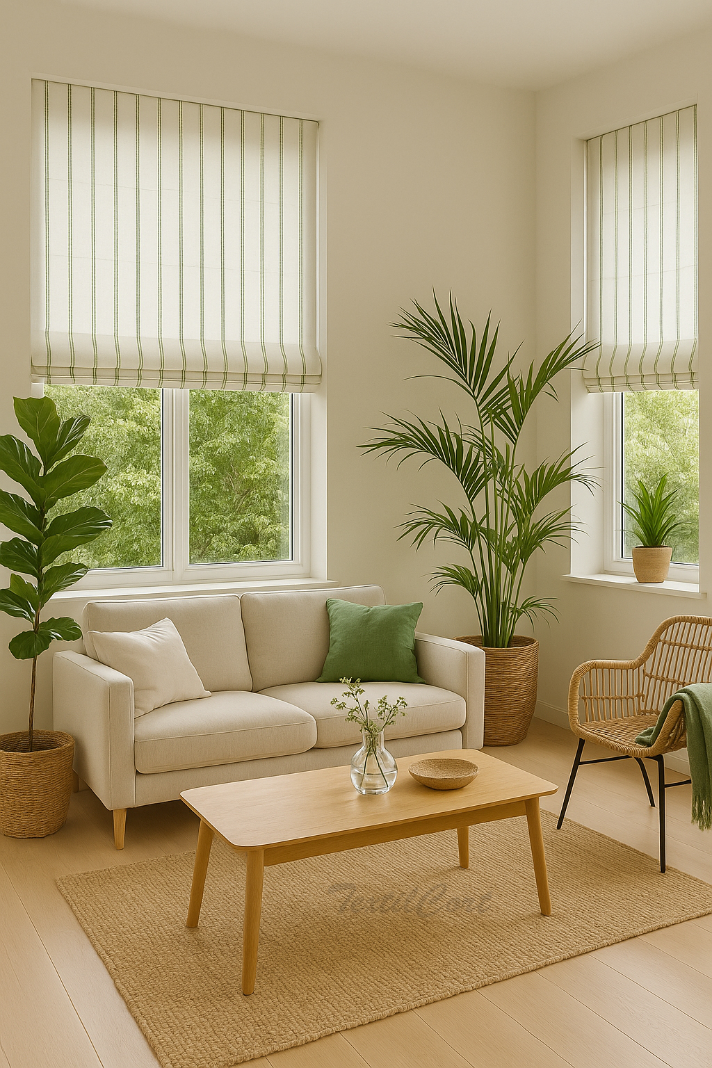 Estor de listas finas en verde hoja en salón natural Salón luminoso con estor paqueto de listas finas en verde hoja y decoración natural con plantas