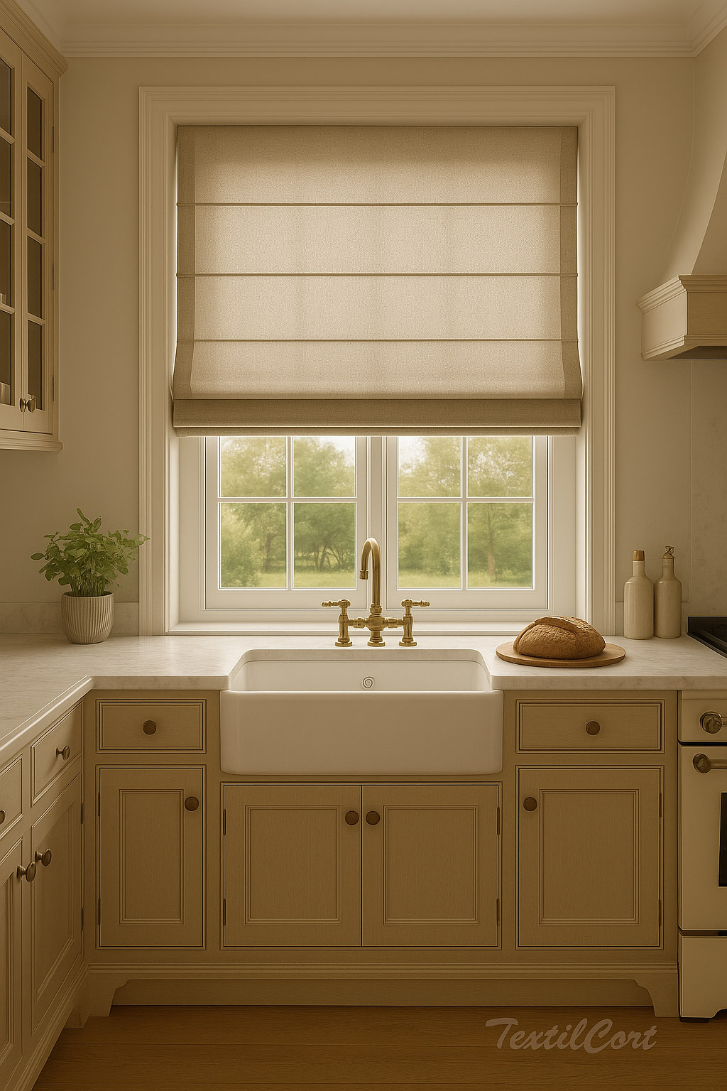 Estor paqueto lino beige claro en cocina clásica Foto detalle estor lino beige claro en cocina clásica con muebles en tonos crema y grifería dorada