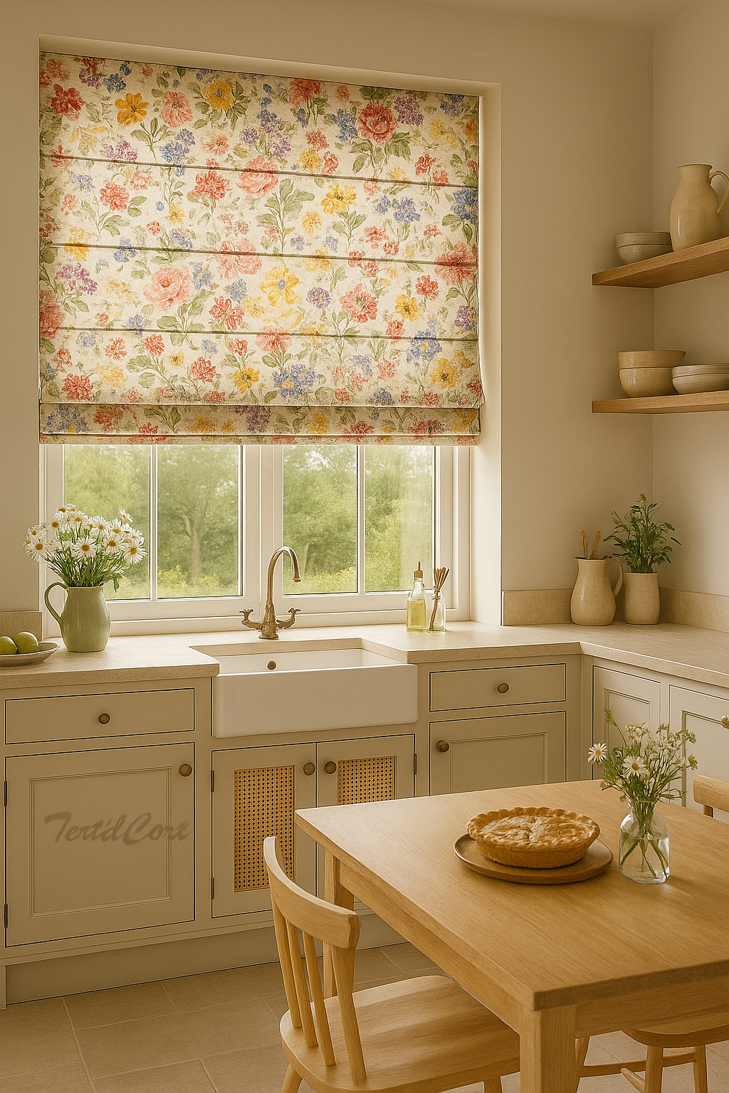 Estor paqueto estampado floral en cocina campestre Foto detalle estor floral multicolor en cocina campestre con muebles en tonos claros