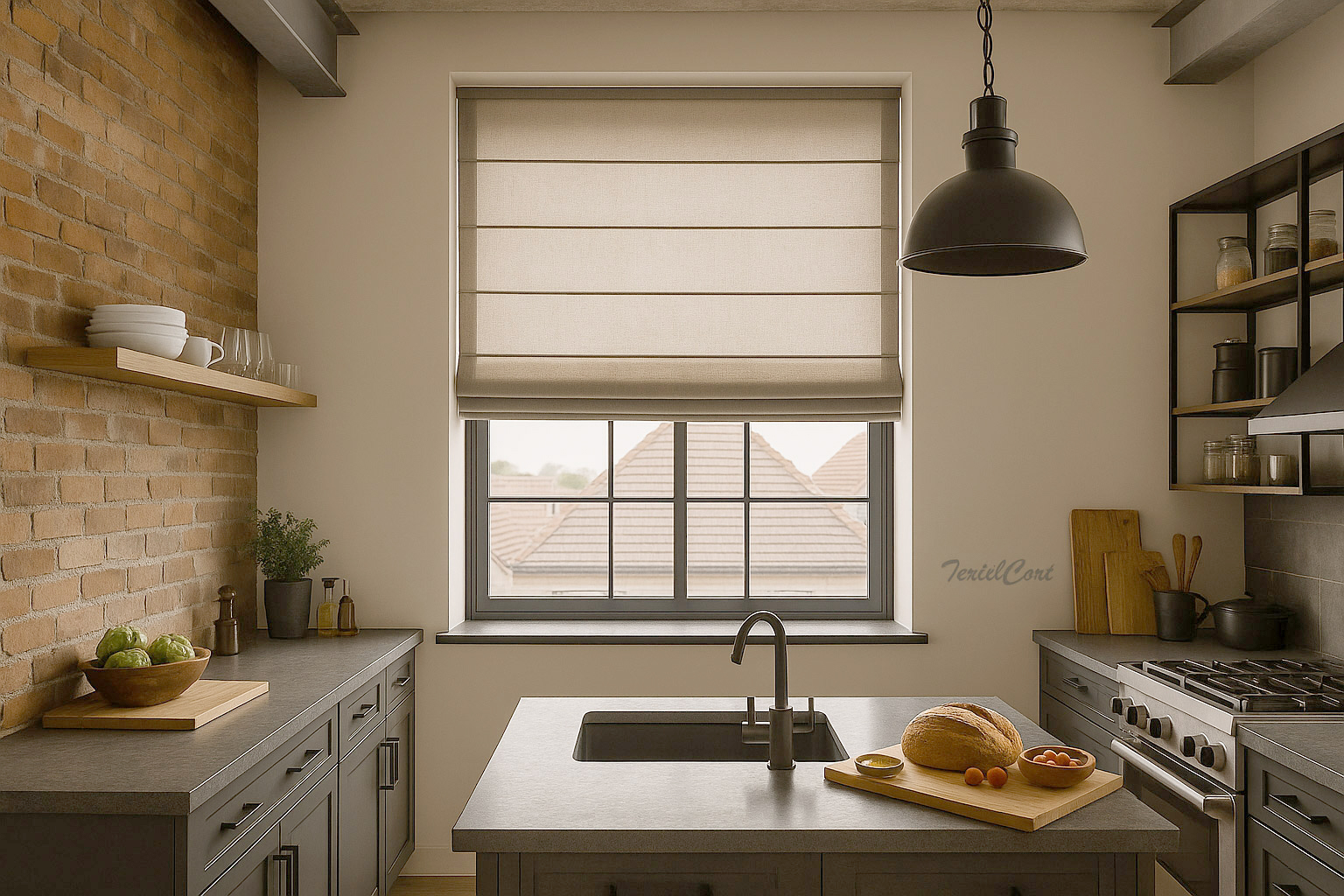Estor paqueto lino beige en cocina industrial moderna Foto detalle estor lino beige en cocina industrial con pared de ladrillo y mobiliario oscuro