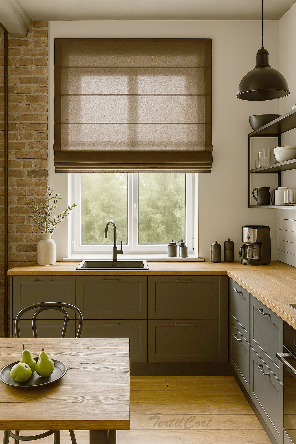 Estor paqueto marrón oscuro en cocina industrial moderna Foto detalle estor marrón oscuro en cocina estilo industrial con muebles de madera y pared de ladrillo