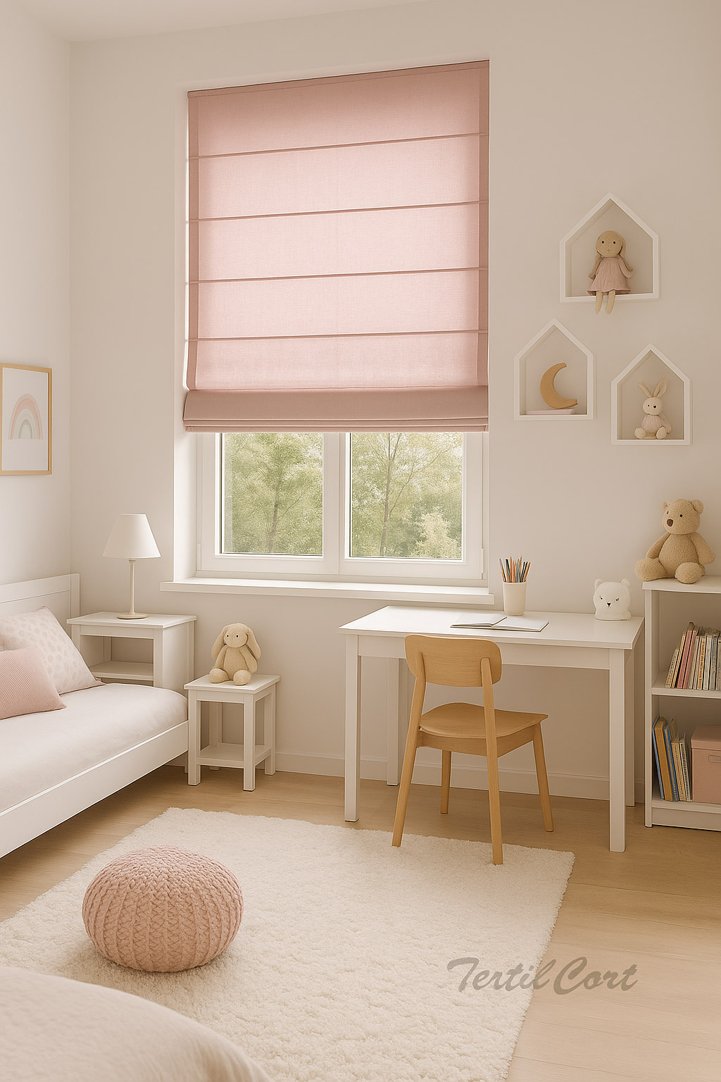 Estores infantiles en color rosa Foto detalle estor infantil rosa en dormitorio de niña con decoración nórdica