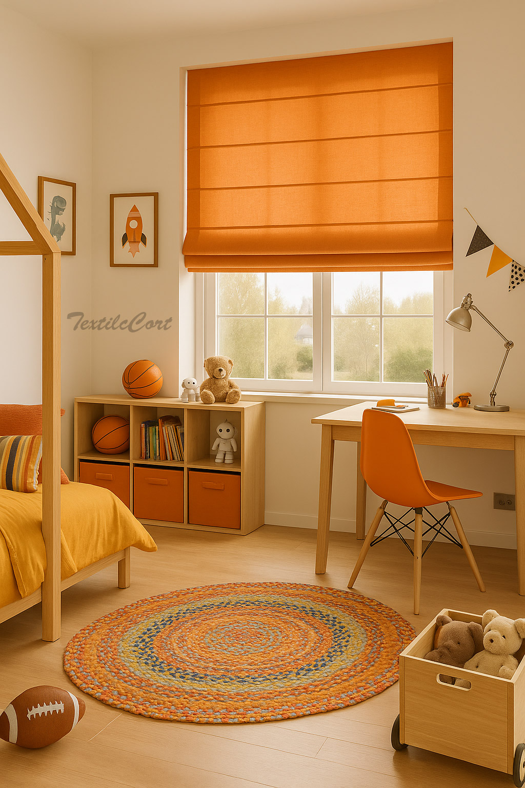 Estores juveniles en color naranja Foto detalle estores juveniles en color naranja en dormitorio cargado de elementos decorativos