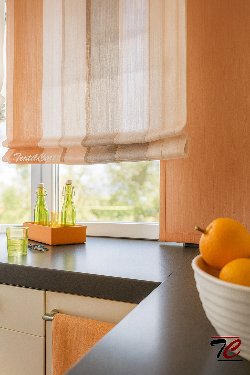 Estor listado naranja y beige para cocina moderna Cocina moderna con estor paqueto listado en tonos naranja, beige y tierra