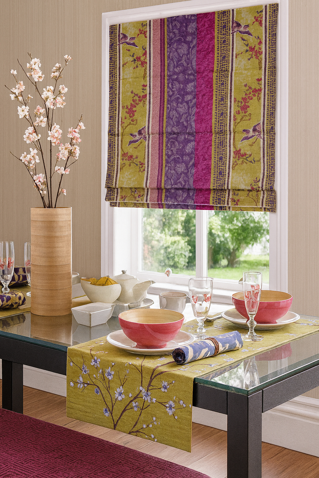 Estor paqueto étnico floral multicolor Comedor decorado con estor paqueto estampado floral étnico en tonos oliva, violeta y fucsia