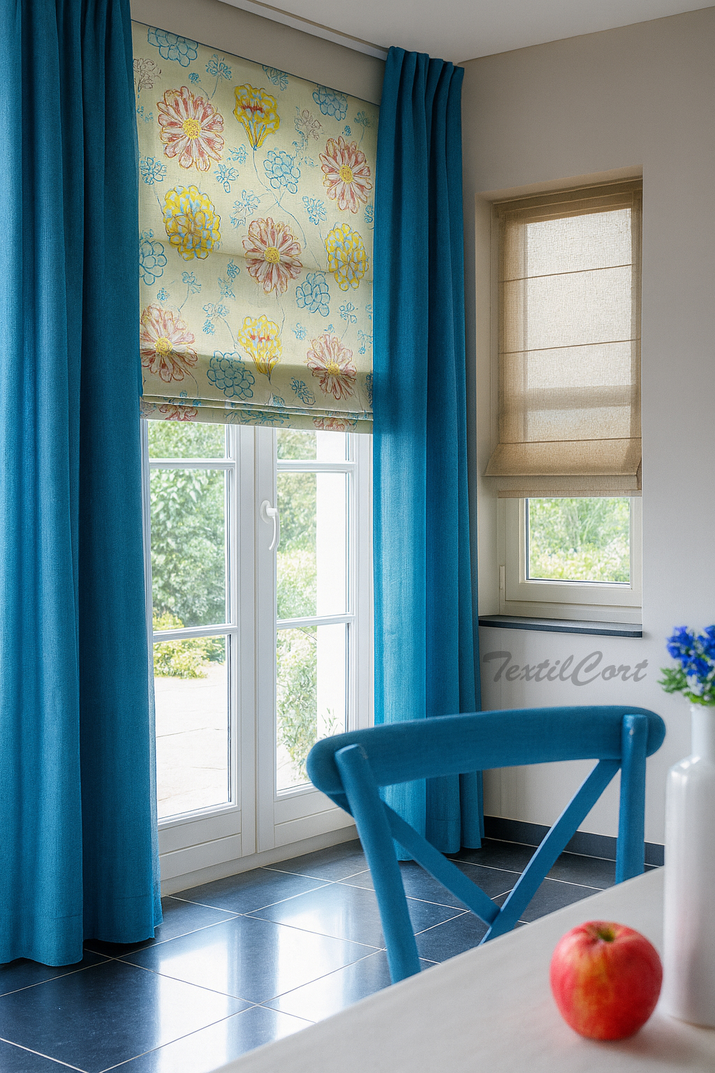 Estor Decorativo de Flores con Cortinas Azules Comedor con estor floral en tonos pastel y cortinas azules lisas