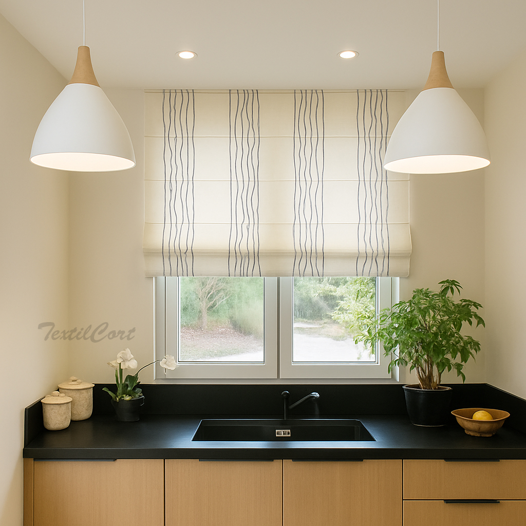 Estor de Cocina con Líneas Verticales Azul Grisáceo Estor plegable translúcido en blanco crudo con líneas verticales azul grisáceo en cocina moderna con encimera negra