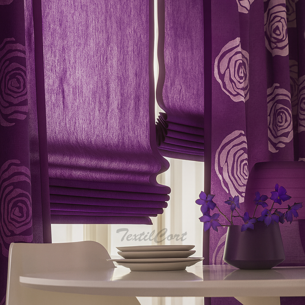 Estores y Cortinas en Morado con Motivo Floral Detalle de estores y cortinas moradas con estampado floral en ambiente moderno con mesa blanca