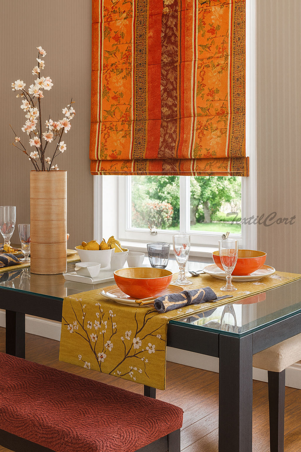 Estor Decorativo Estampado Naranja Estilo Oriental Estor con estampado decorativo naranja y motivos orientales en comedor con mesa puesta