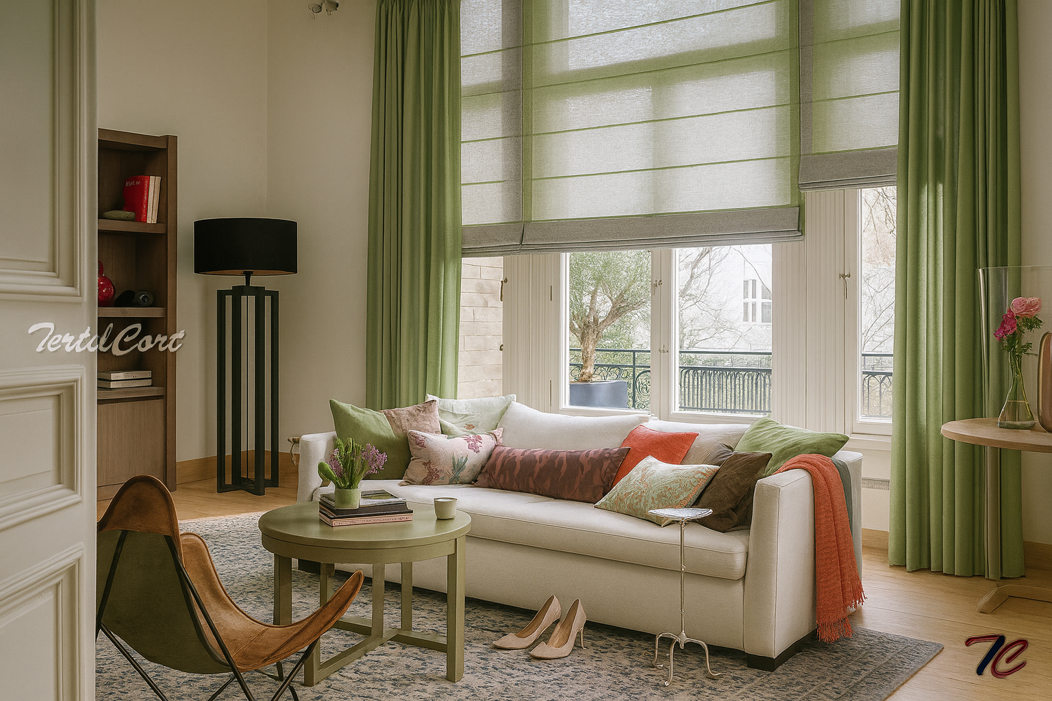 Estor paqueto bicolor en verde y gris Salón decorado con estor paqueto translúcido bicolor verde y gris, acompañado de cortinas y cojines a juego