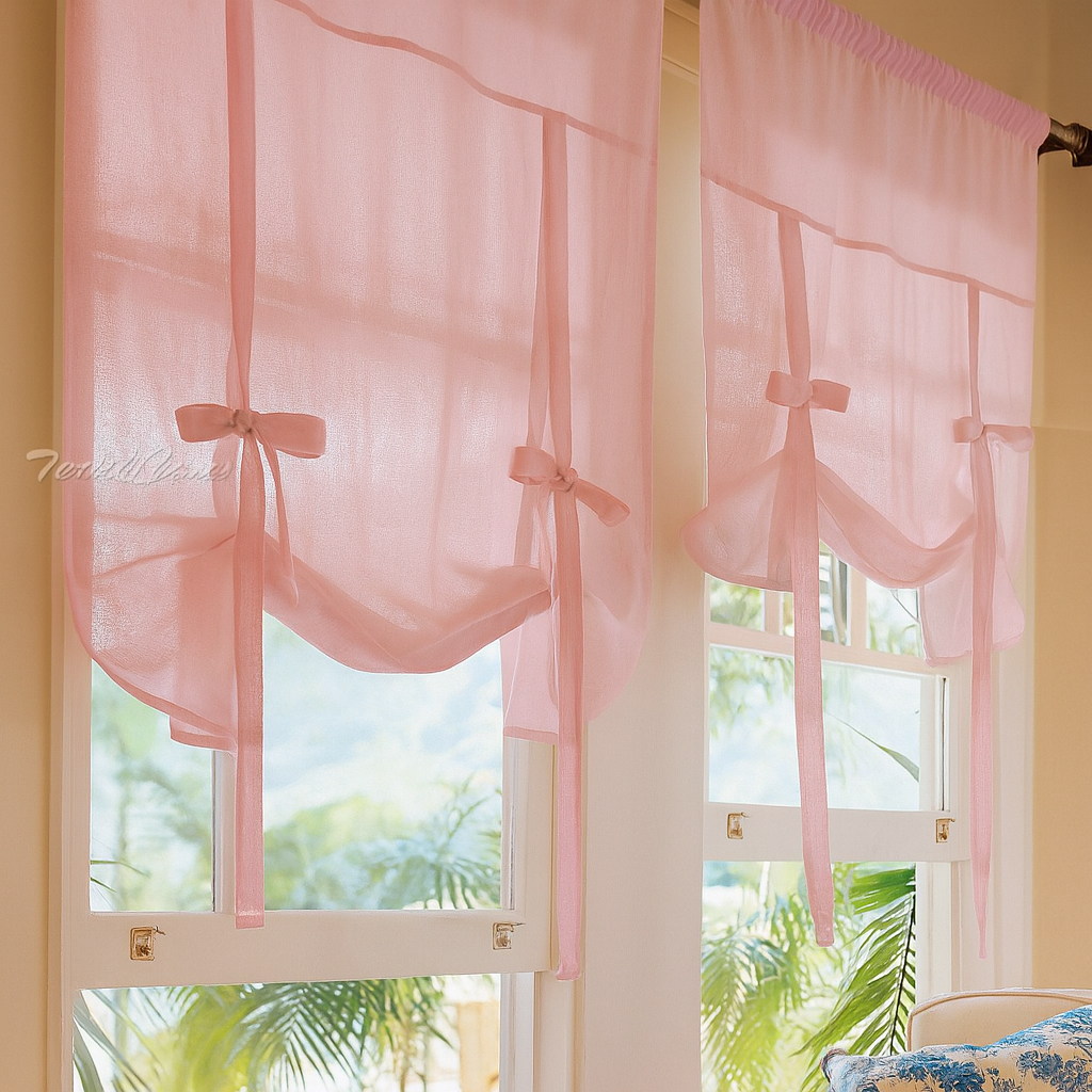 Estores Paqueto Rosa con Lazo Estores paqueto rosa translúcidos con lazadas decorativas en ventana