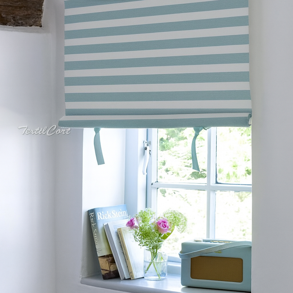 Estor de Rayas Azul Pastel en Ventana Pequeña Detalle de estor a rayas azul pastel en ventana con libros y decoración vintage
