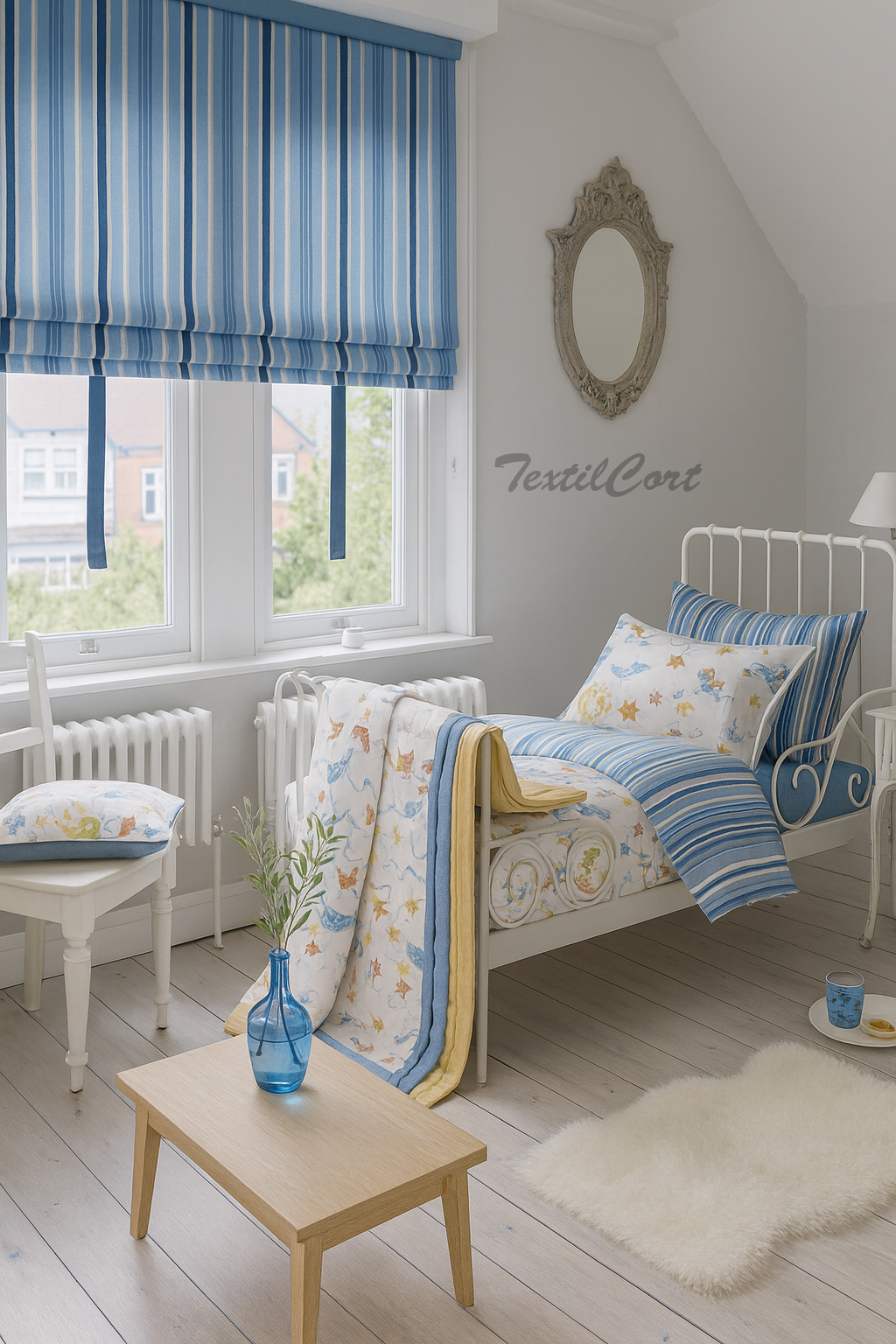 Estores infantiles listados azul y blanco Dormitorio infantil con estores listados azul y blanco y ropa de cama a juego