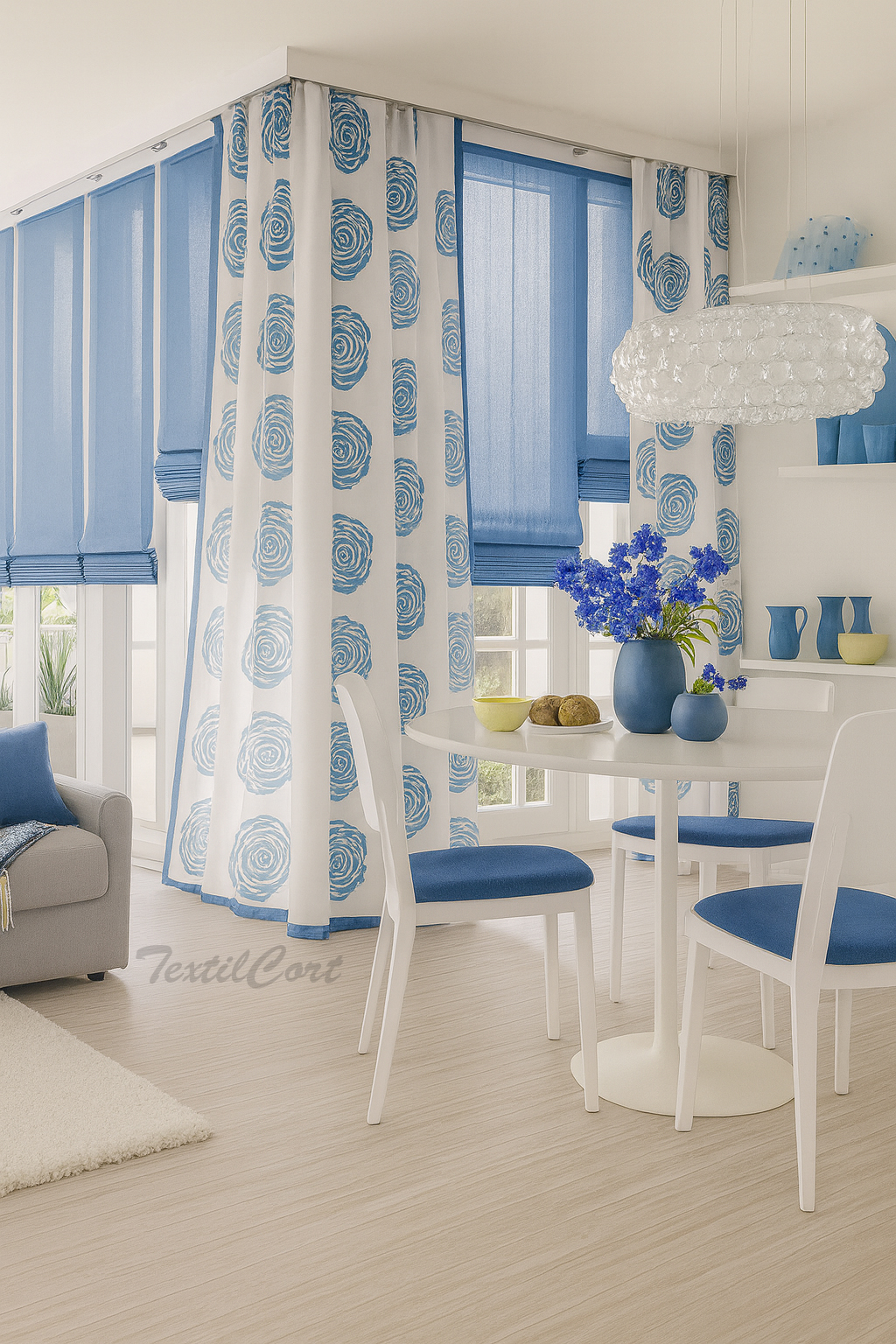 Estores y Cortinas Florales en Azul Comedor con estores paqueto y cortinas decorativas con flores azules