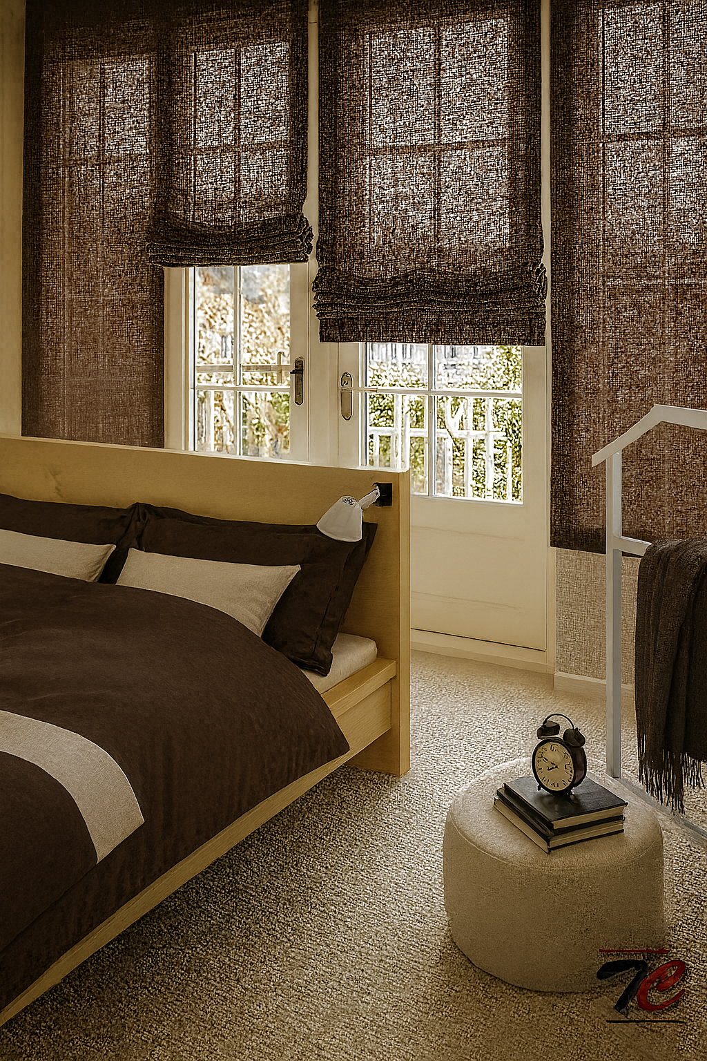 Estores paqueto rústicos en marrón oscuro Dormitorio decorado con estores paqueto confeccionados en tejido tipo lino rústico marrón, con ambiente acogedor y cálido