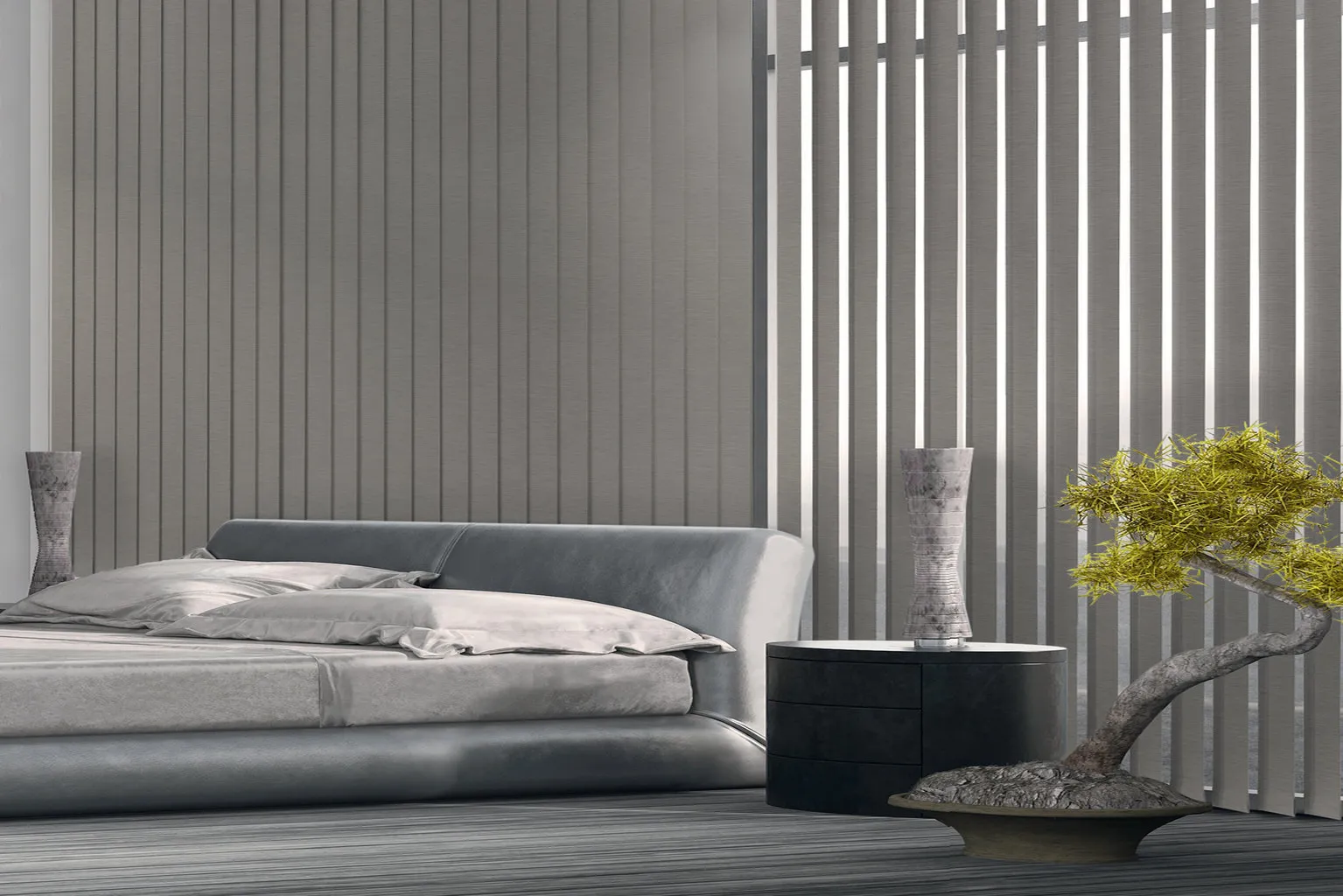 Cortina vertical opaca decorativa en dormitorio moderno