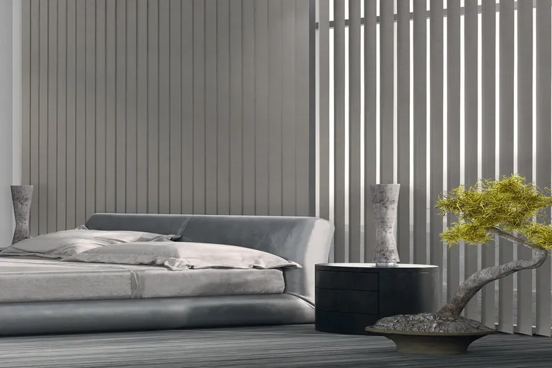 Cortina vertical opaca decorativa en dormitorio moderno
